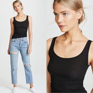 VINCE Ribbed Pima Cotton Knit Black Scoopneck Tank Top